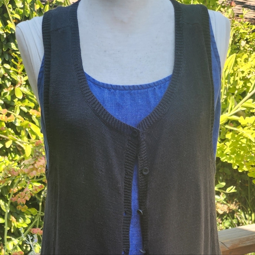 Eileen Fisher Black 100% Linen Knit Long Vest